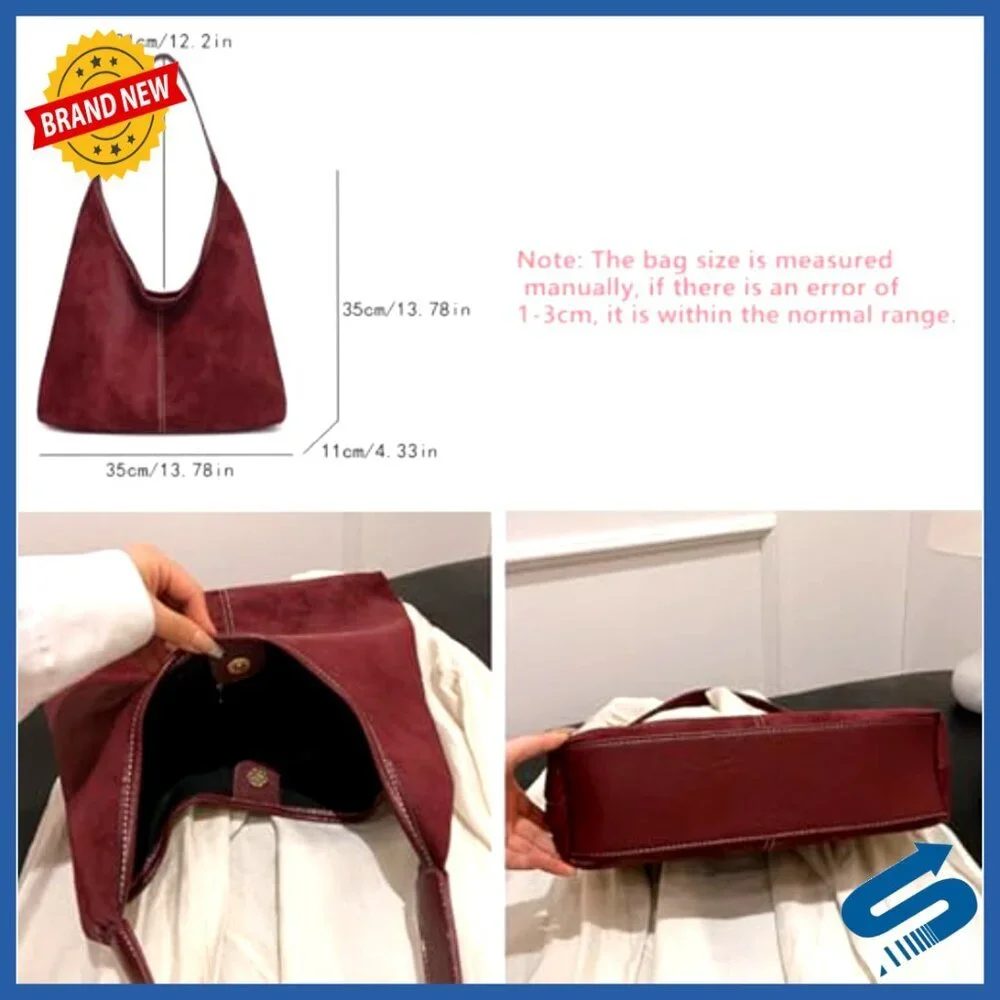 Large Suede Hobo Shoulder Bag Tote with Contrast Stitching